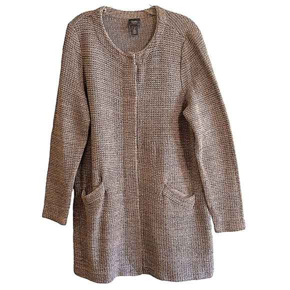 Chico's Travelers Metallic Tan Chunky Knit Longline Cardigan Sweater Size 12 - Picture 1 of 10